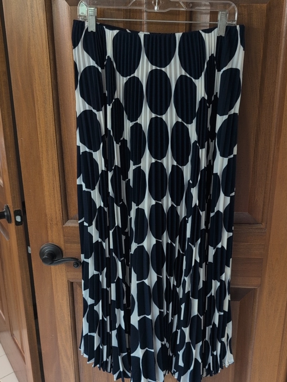 Pleated Navy and White Polka Dot Midi Skirt